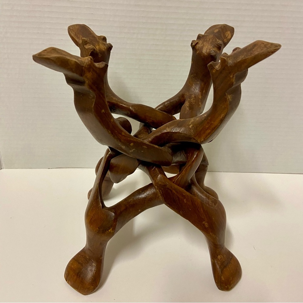 4 Camels Hand Carved Interlocking Wooden Plant Stand Folding Bowl Pedestal VTG